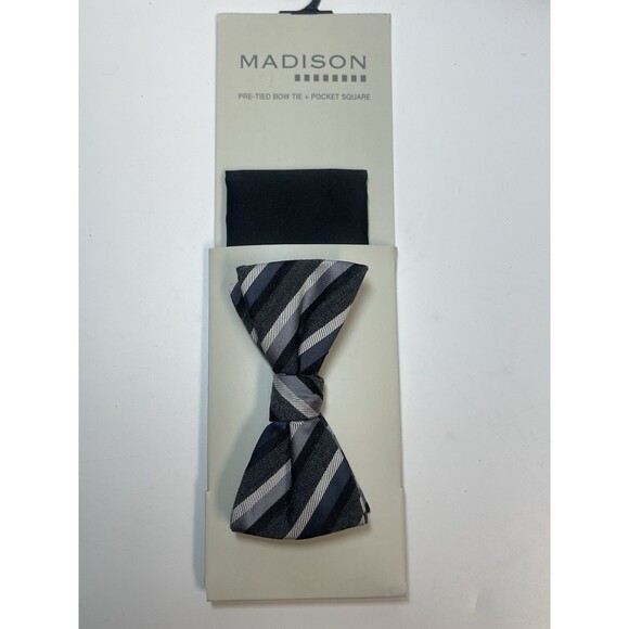 MADISON Pre-Tied Now Tie + Pocket Square In Killian Stripe New - Picture 1 of 5